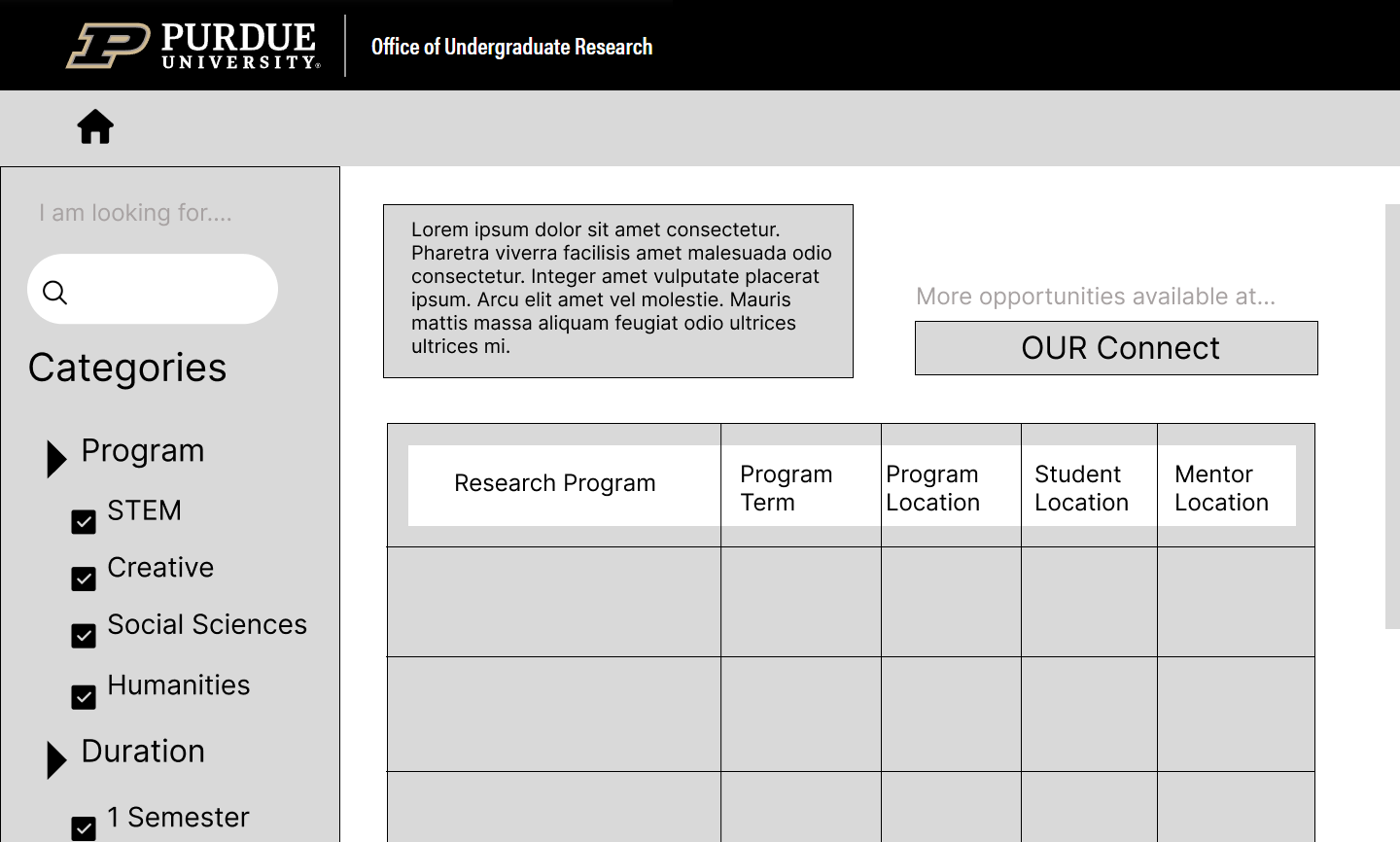 Low-fidelity search opportunities screen